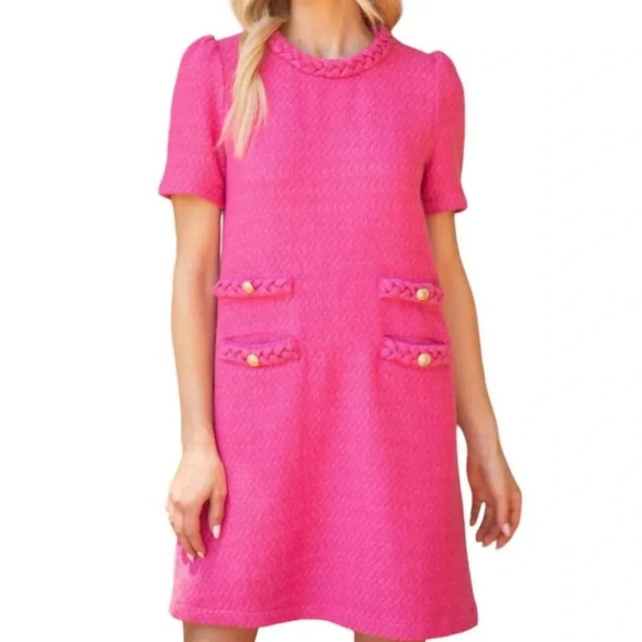 VOY Kennedy Pink Tweed Dress Double Pocket Braid Neck Medium Clueless NWOT - Picture 1 of 11